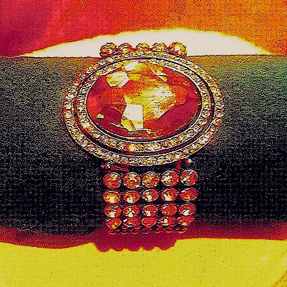Gold Crystal Stretch Statement Bracelet with Amber Center Stone.
